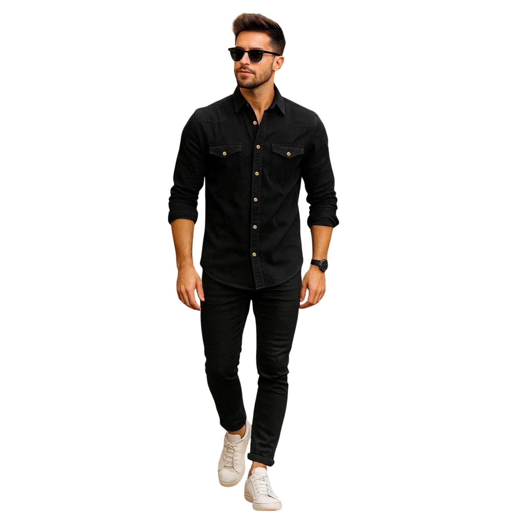 Mens Denim Shirt 100% Cotton Multi Pocket Long Sleeve Casual Collared Button Down Washed Effect Shirts Top