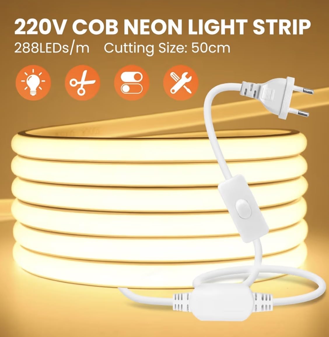 Tira LED 100 METROS 230V, Luz Cálida 3000K, IP65 | No necesita fuente de alimentación, 288 LEDs/m, Impermeable,exterior, Cortable cada 50 cm, Incluye Cable