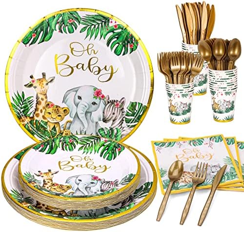 Decodinli Oh Baby Party Supplies, Safari Baby Shower Plates, Jungle Theme Animal Party Supplies Serves 20, Oh Baby Birthday Decorations, Plates, Napkins, Cups Tableware Set