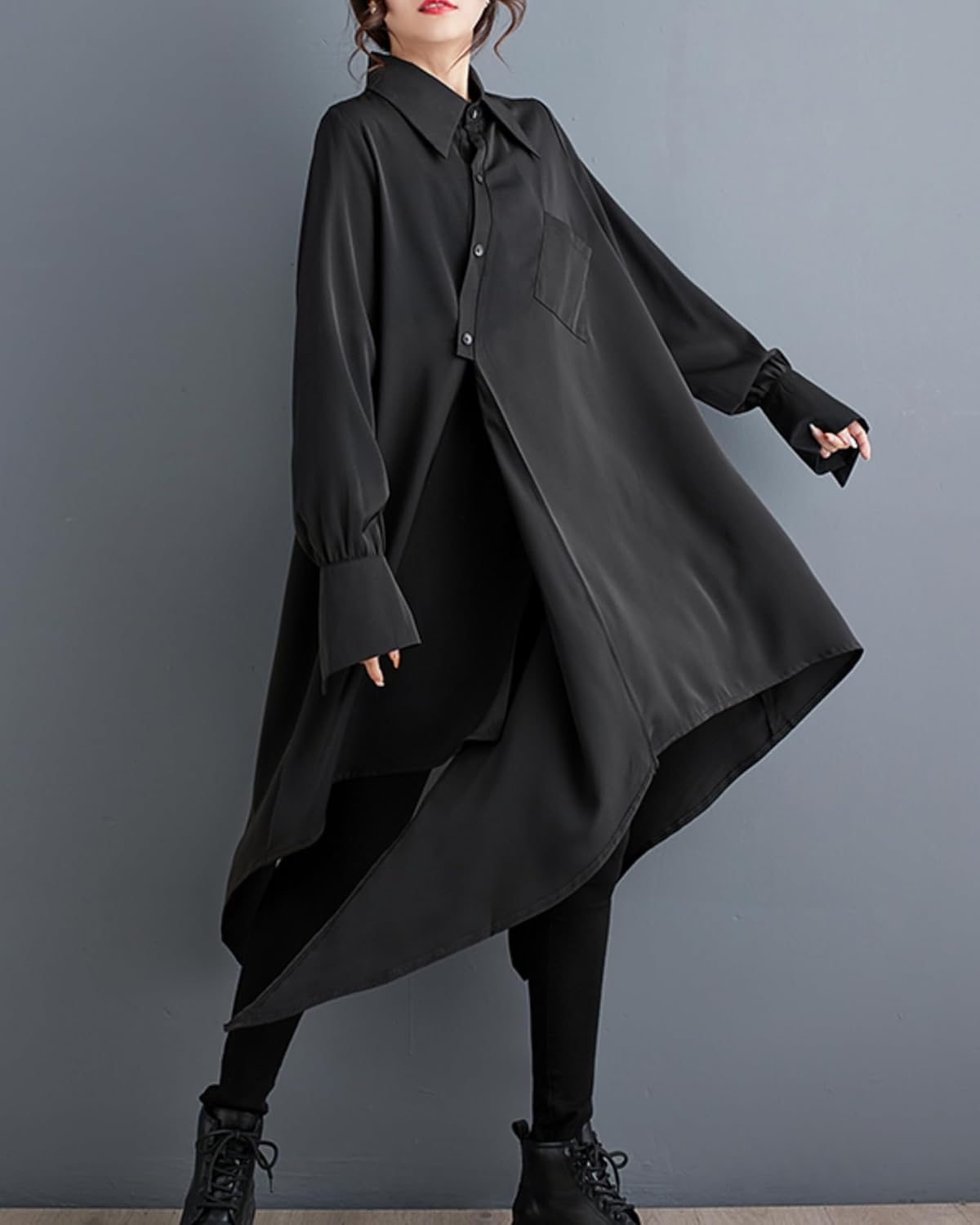 ellazhu Women's Oversized Solid Color Long Sleeve Back Slit Flowy Irregular Hem Shirt GZ150 - Image 2