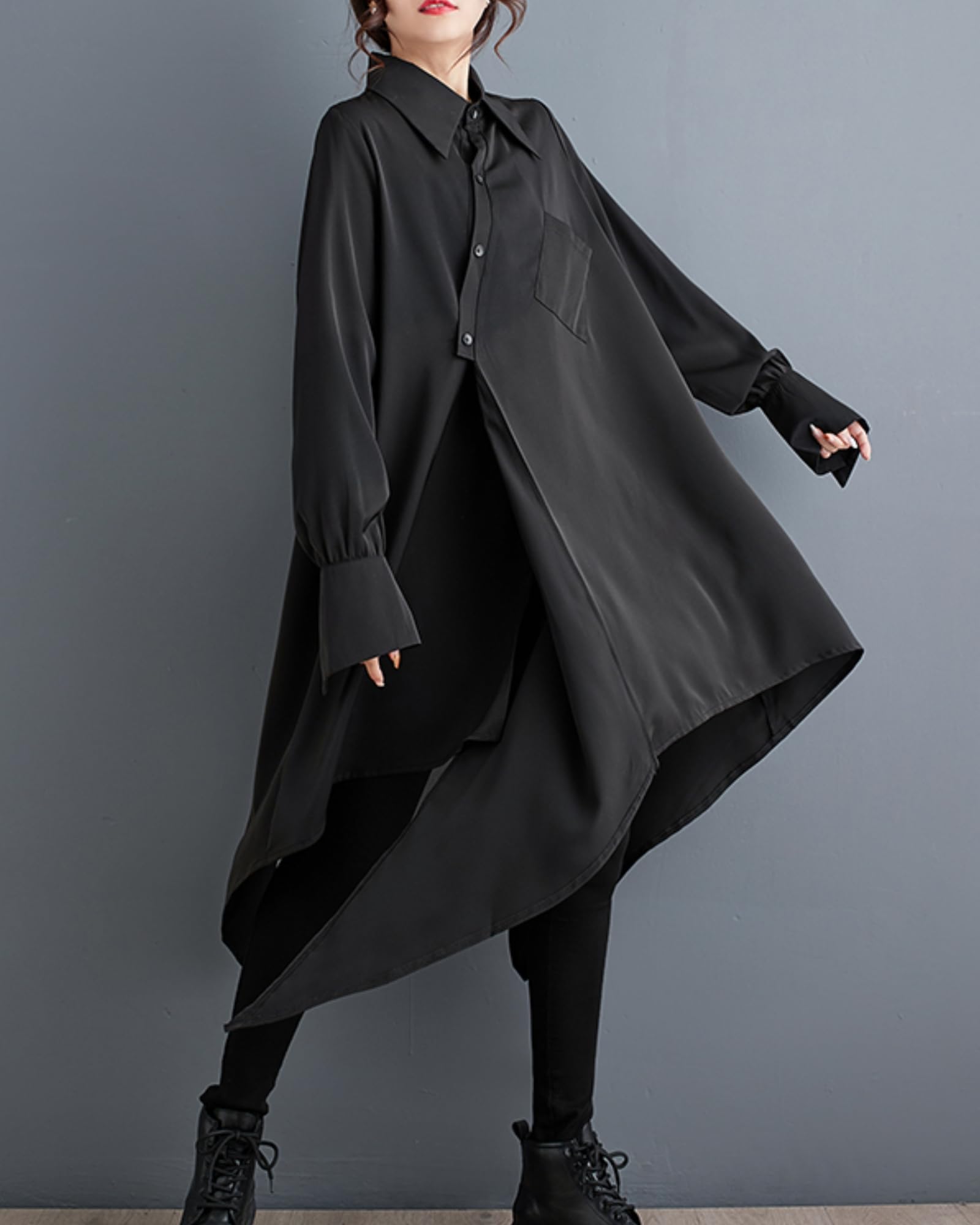 ellazhu Damen Oversized einfarbiges Langarmshirt mit Rückenschlitz und unregelmäßigem Saum GZ150