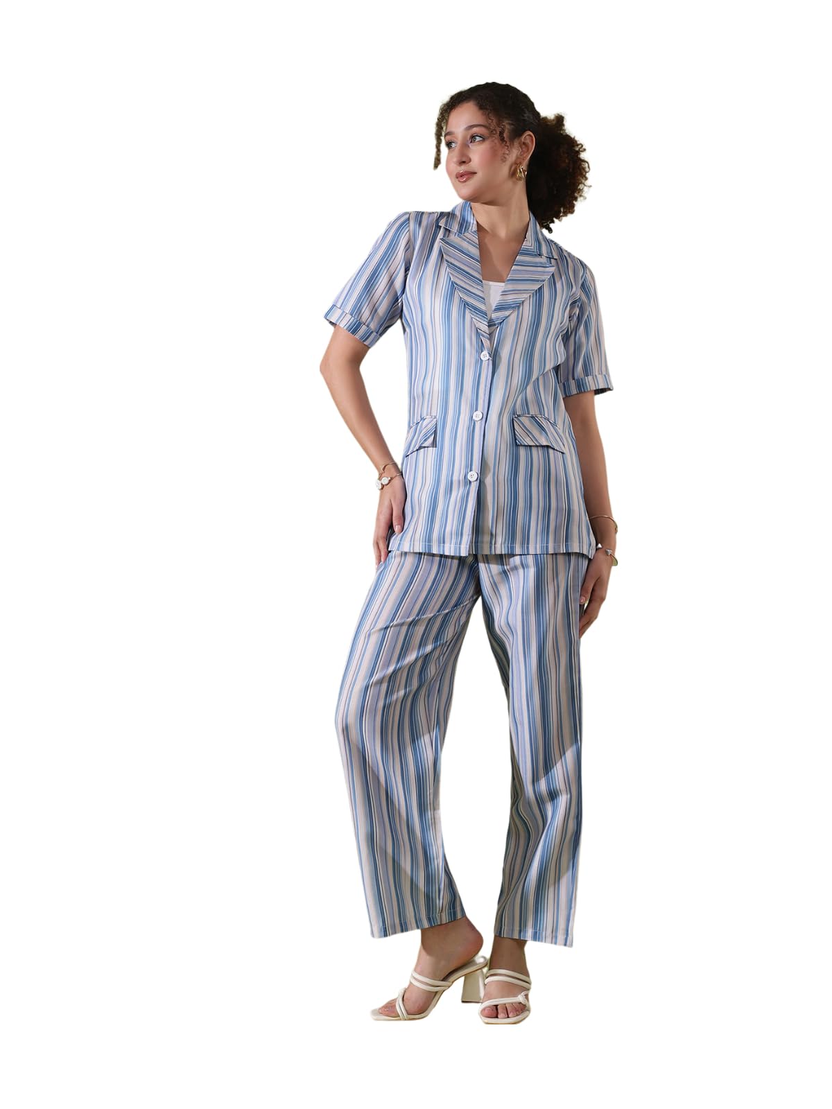 Selvia Women's Co-Ords Set|Short Sleeve Cotton Blend Collared Neck Co-Ords Set|Blazer & Trouser Co-Ords Set|2 Piece Co-Ord Set|Coat-Pant Set|Formal Co-Ords Set (654Ctk11371N-M_White & Blue & Multi)