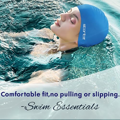Image of Storite Swimming Cap for Men & Women (Blue) | Waterproof, Stretchable Silicon, For Long Hair, Professional Lightweight