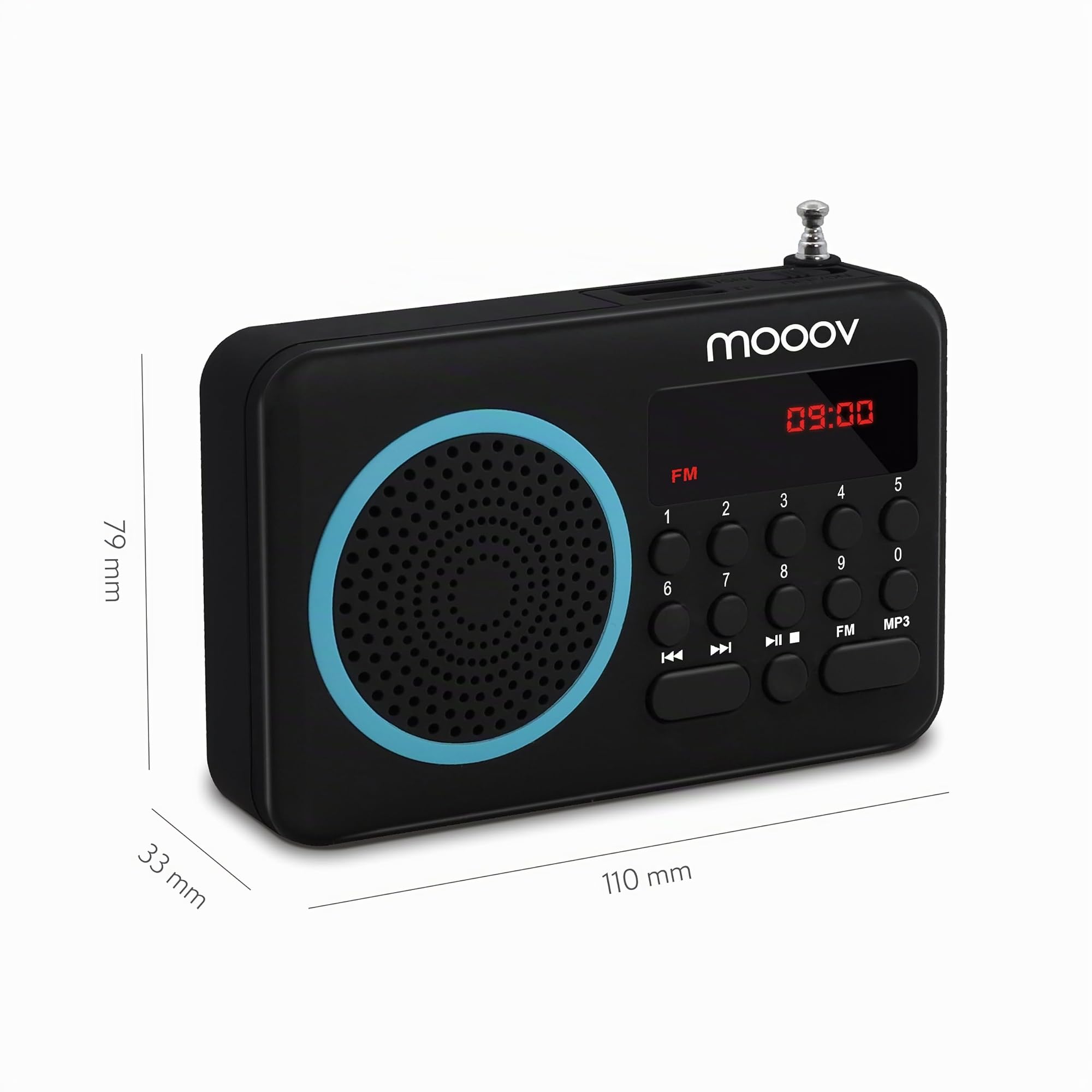 mooov 477203 Petite Radio Portable FM avec Batterie Rechargeable - Poste Transistor Radio Réception FM, Port USB, Lecteur Carte Micro SD - Noir / Bleu