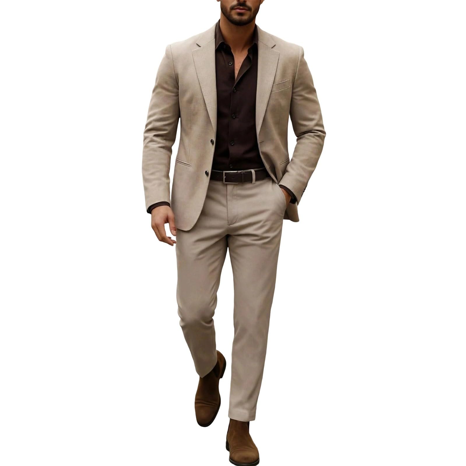 Generisch Tuta da uomo in lino, estiva, tweed, smoking, da spiaggia, con due bottoni, blazer, pantaloni leggeri, vestibilità regolare, giacca in tinta unita, set classico da 2 pezzi