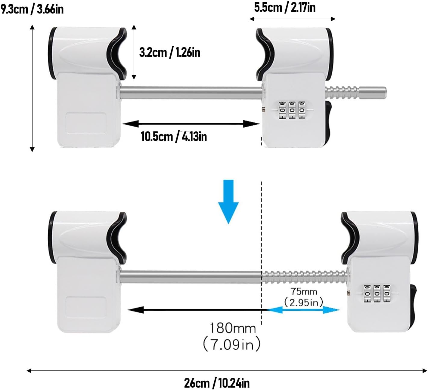 Luocute Double Door Security Lock, French Door Lockout Device with Keys, Reinforcement Lock, 3 Digit Password Retractable Rod Alloy Steel French Lockout Device for Home