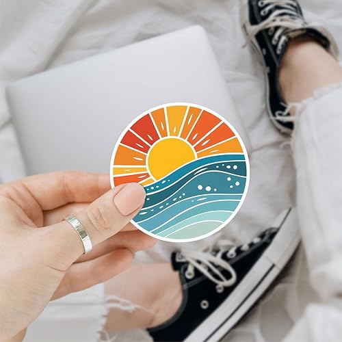 Miniatura 2 de 3 calcomanías con diseño de olas del océano, calcomanías estéticas retro de vinilo de sol y mar, calcomanías impermeables para laptop, botella de