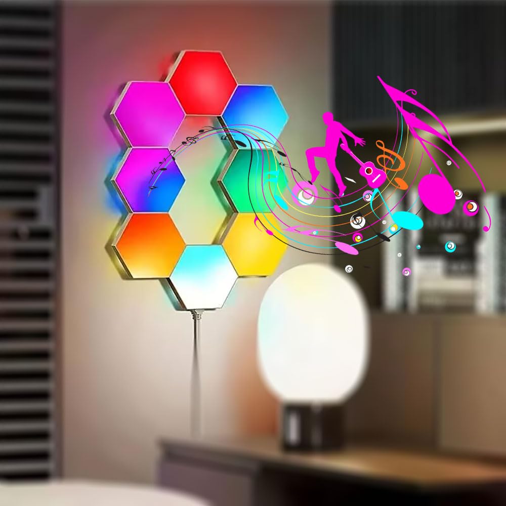 Vcwtty - Luces hexagonales de sincronización de música, luces LED inteligentes de pared, paquete de 10 unidades, paneles de pared RGB modulares ensamblados, luz hexagonal con alimentación USB para