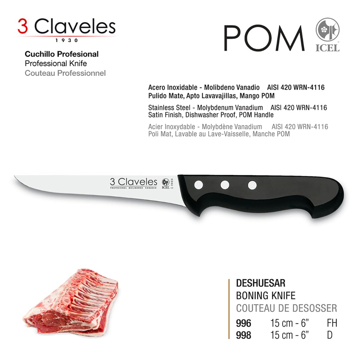 Juego Profesional de Soporte Jamonero Plegable en Acero Inoxidable y Cuchillos 3 Claveles, Funda y Chaira (TC01737K2)