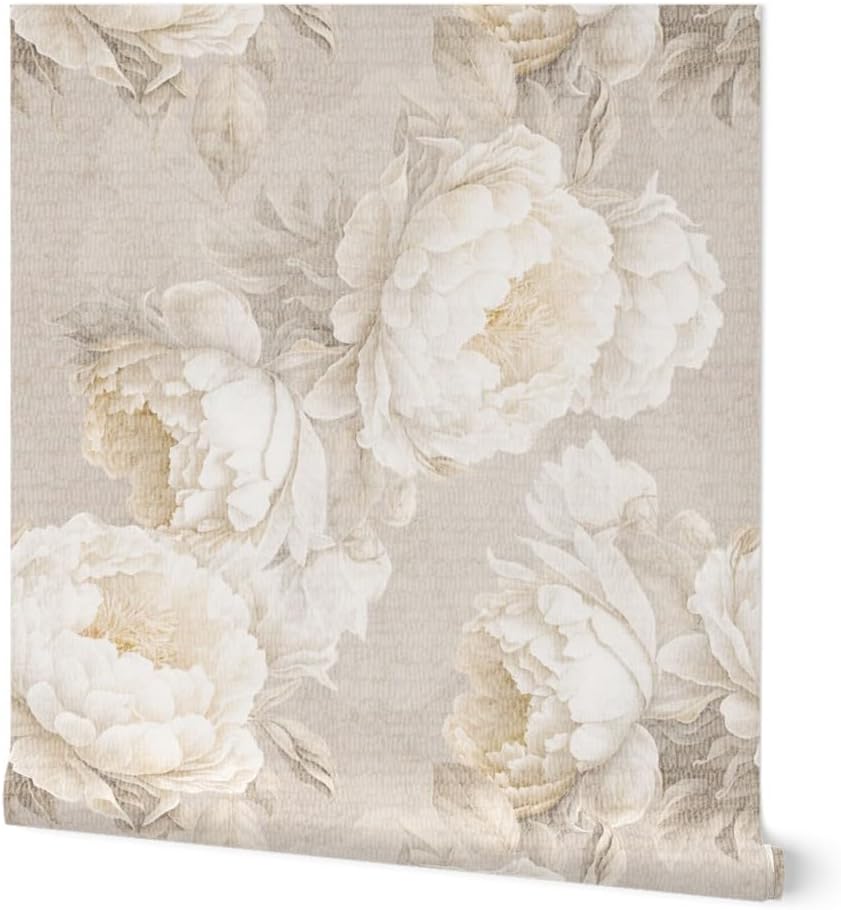Removable Wallpaper 12ft x 2ft - Boho Cottagecore Peony Floral Neutral Flowers Large Scale Classic Custom Pre-Pasted Wallpaper by Spoonflower