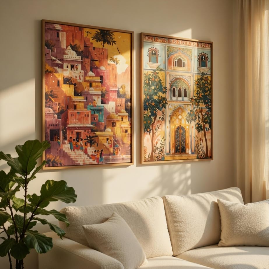 Image of Livin'luxe Indian Palace Architecture Wall Painting Set of 2 with Wooden Frames | Vintage Cityscape & Heritage Haveli Artwork HD Sparkle Laminated MDF Wall Decor for Living Room Bedroom Hallway