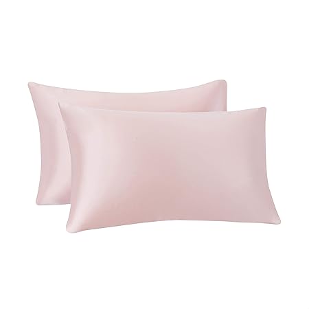 Amazon Basics 100% Polyester Satin Pillowcases for Hair and Skin, Envelope Closure - Blush, Standard, Pack of 2