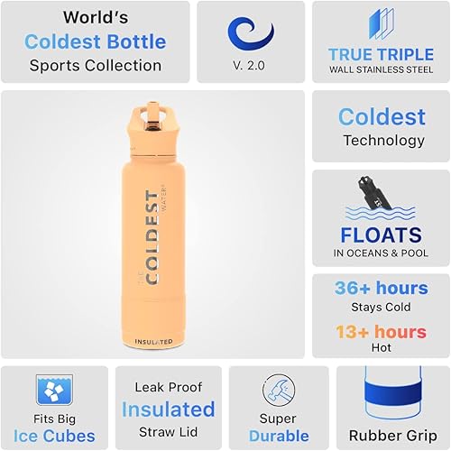 Miniatura 18 de Coldest - Botella de agua deportiva con tapa con popote y asa, a prueba de fugas, de acero inoxidable con aislamiento al vacío de doble pared,