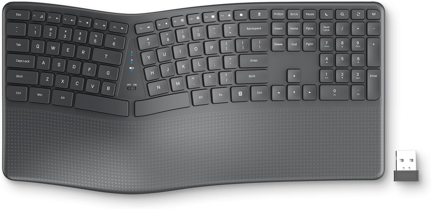 Ergonomic Wireless Keyboard with Wrist Rest, 2.4G Full Size Split Ergo Keyboard with Wave Keys, Comfortable Natural Typing for Windows Computer Desktop Laptop