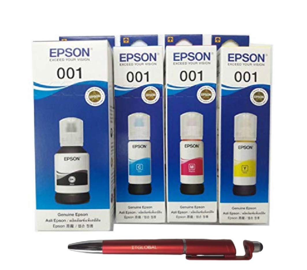 Epson 001 Black Cyan Magenta Yellow Ink (Set of 4) with ITGLOBAL 3in1 Multi-Function Mobile Phone Stand, Stylus Pen, Anti-Metal Texture Rotating Ballpoint Pen (Very Colors) T001 T 001-image-37