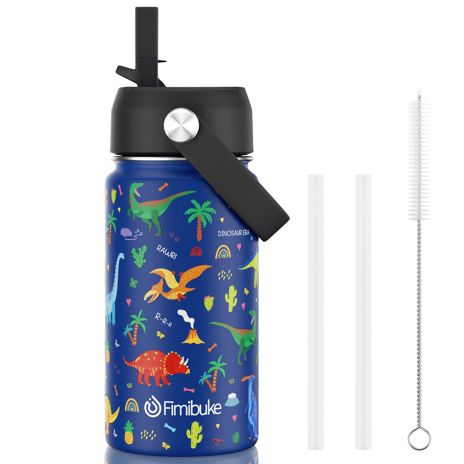 Fimibuke Kids Insulated Water Bottle, 14oz BPA FREE 18/8 Stainless Steel Travel Tumbler Double Wall Vacuum Leak Proof Kids Cup with Straw Metal Bottle for School Boys Girls(1 Pack, BLUE DINOSAUR)