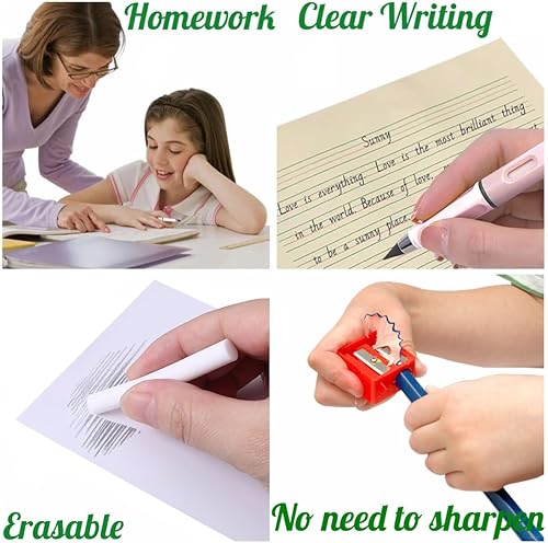 Miniatura 5 de FLTON Juego de 9 lápices portátiles borrables sin tinta (3 lápices eternos con borrador + 6 puntas reemplazables) para escribir y bocetos artísticos