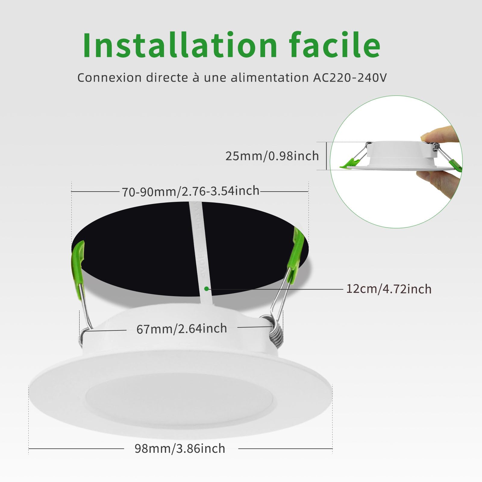 Spot LED Encastrable Extra Plat Blanc Neutre 4000K, IP44 Spot Salle de Bain 5W 450LM, Spots Encastrés LED Diamètre 70-90MM, AC220-240V, Lot de 10