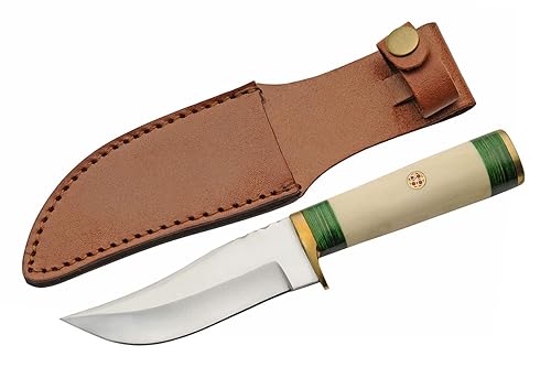SZCO Supplies Cuchillo de caza para exteriores con mango de madera verde y hueso de 8.25 pulgadas con funda de cuero