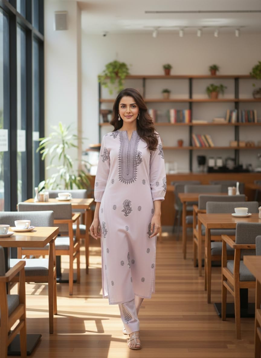ANNI Designer Completo kurta da donna con stampa dritta in viscosa di rayon con pantaloni palazzo, set kurti etnico da donna, comodo per tutti i giorni, ufficio e abbigliamento casual, viola, 3XL