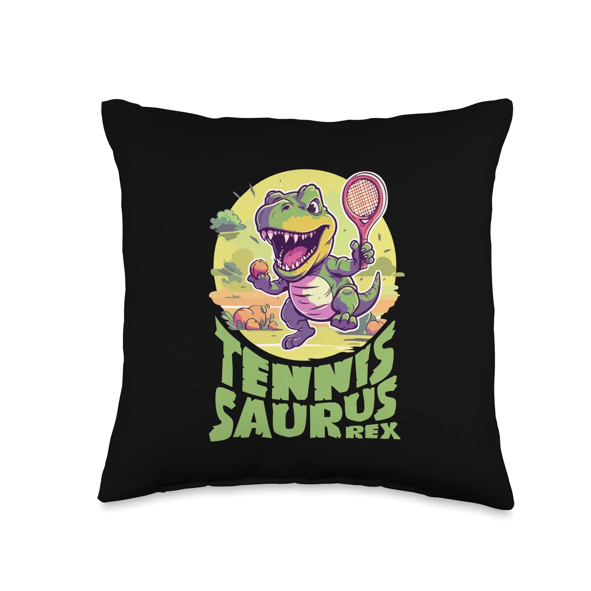 Fanware for tennis fans and youth athletes Tennissaurusrex-Funny Tennis Dinosaur Throw Pillow, 16x16, Multicolor