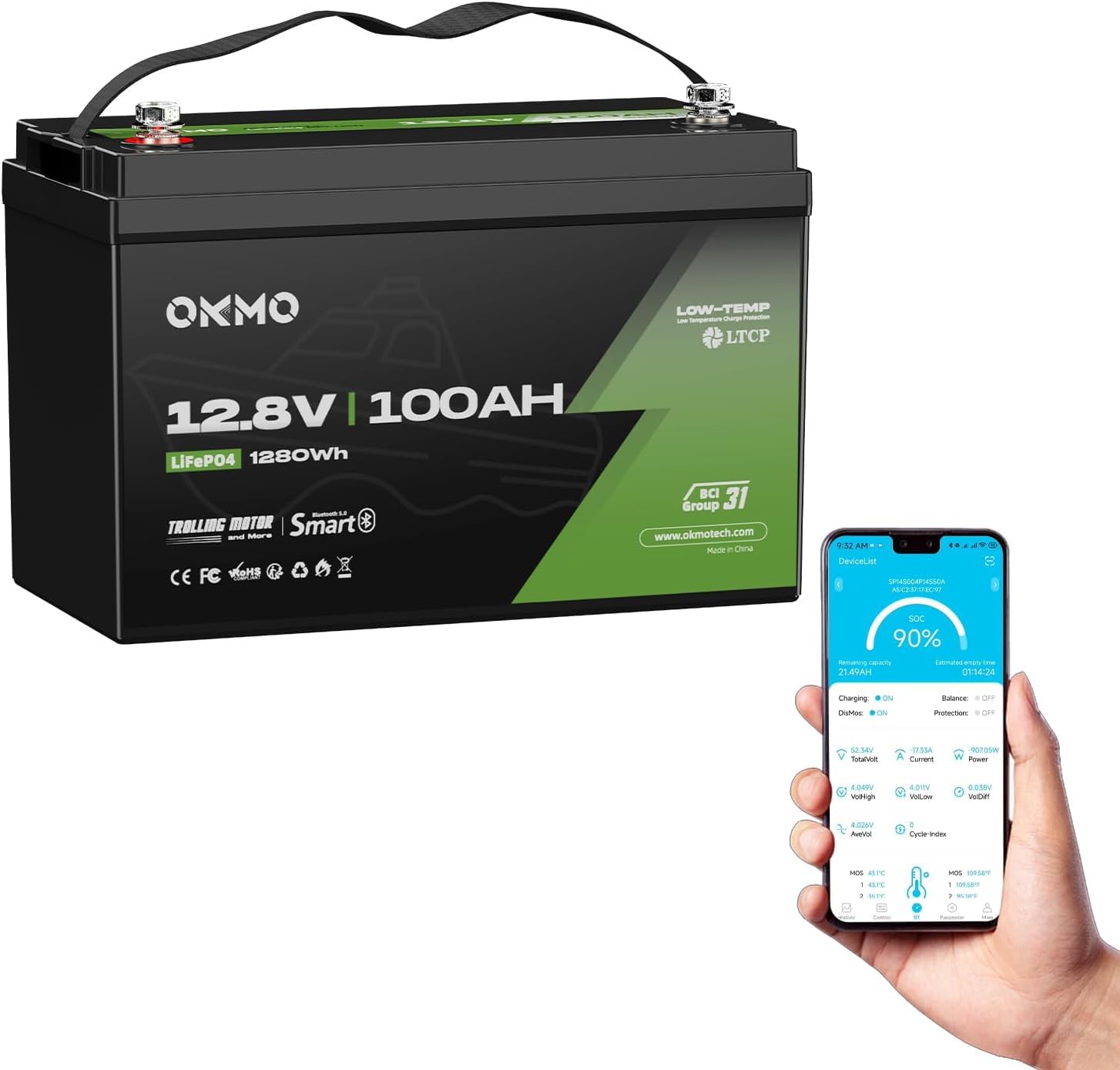 OKMO 12V 100Ah TM LiFePO4 Battery, 150A BMS with Bluetooth 1280Wh, 10 Years Lifetime 15000+ Deep Cycles,for Marine, RV, Trolling Motor, Boat, Camper, Low Temperature Protection