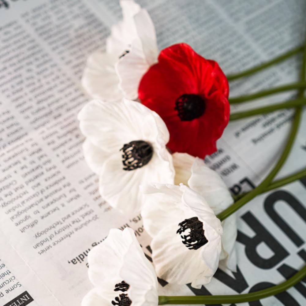 12 Steli Di Papaveri Artificiali In Lattice PU – Bianco, Bouquet E Decorazioni - 2