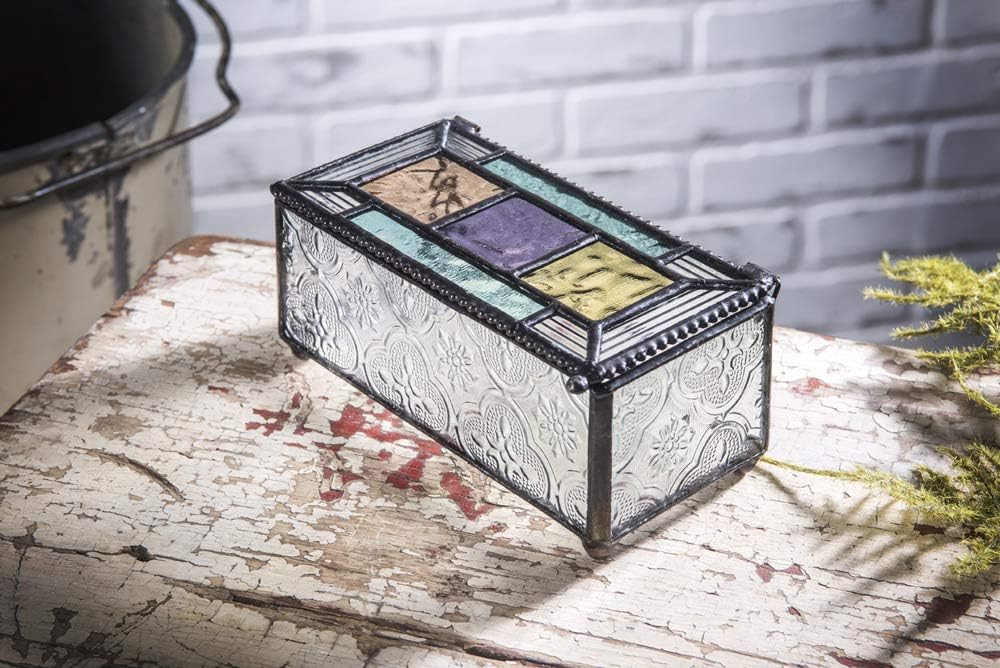 Colorful Stained Glass Jewelry Box – Decorative Keepsake with Turquoise, Blue, Purple, Green, Peach – Hinged Lid Ideal for Jewelry Trinkets Keepsakes and Gifts – J. Devlin Box 864