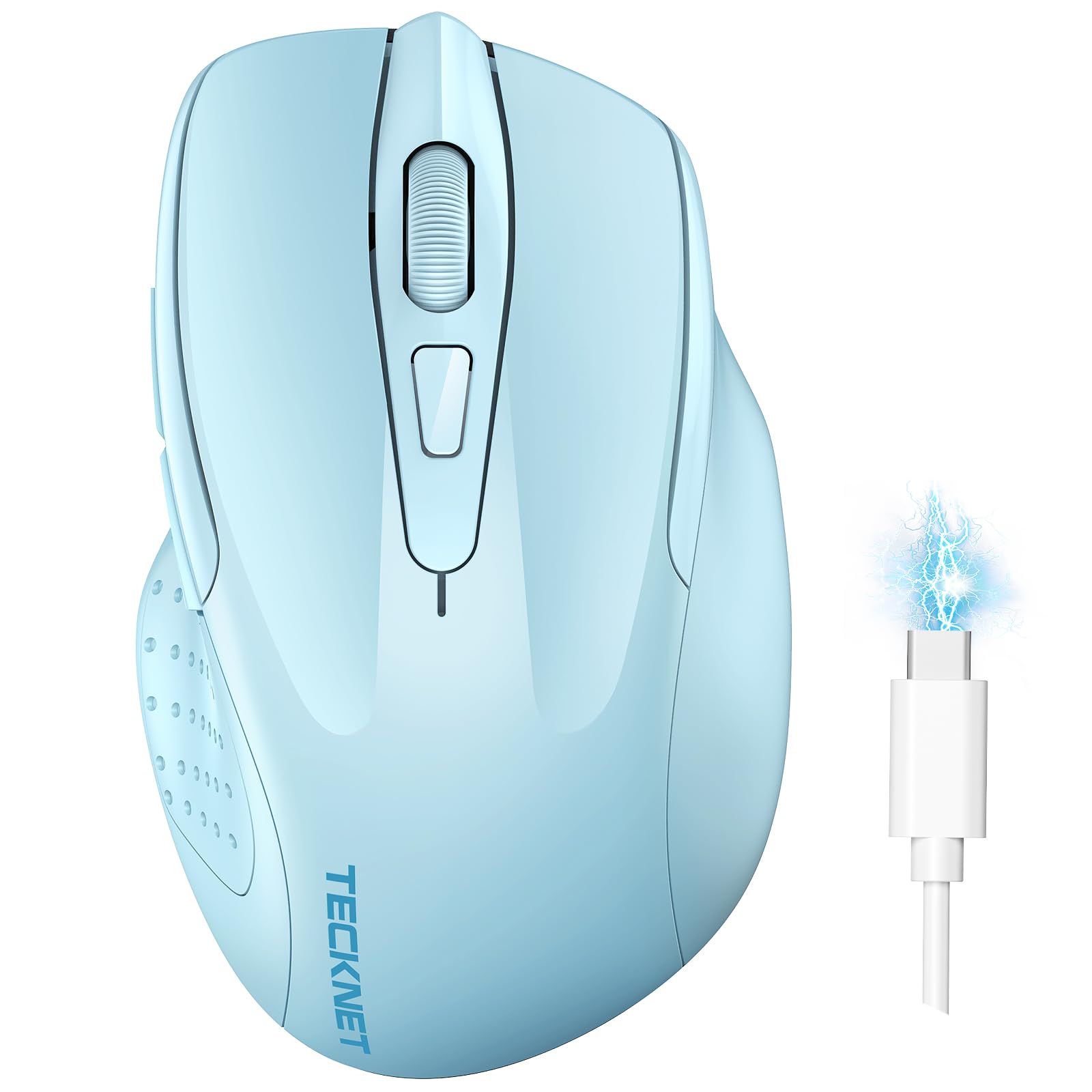 TECKNET Wireless Mouse (BT5.0/3.0 & 2.4G) Rechargeable 4800 DPI Silent USB A & Bluetooth Mouse 6 Buttons, Wide Compatibility - Lightblue