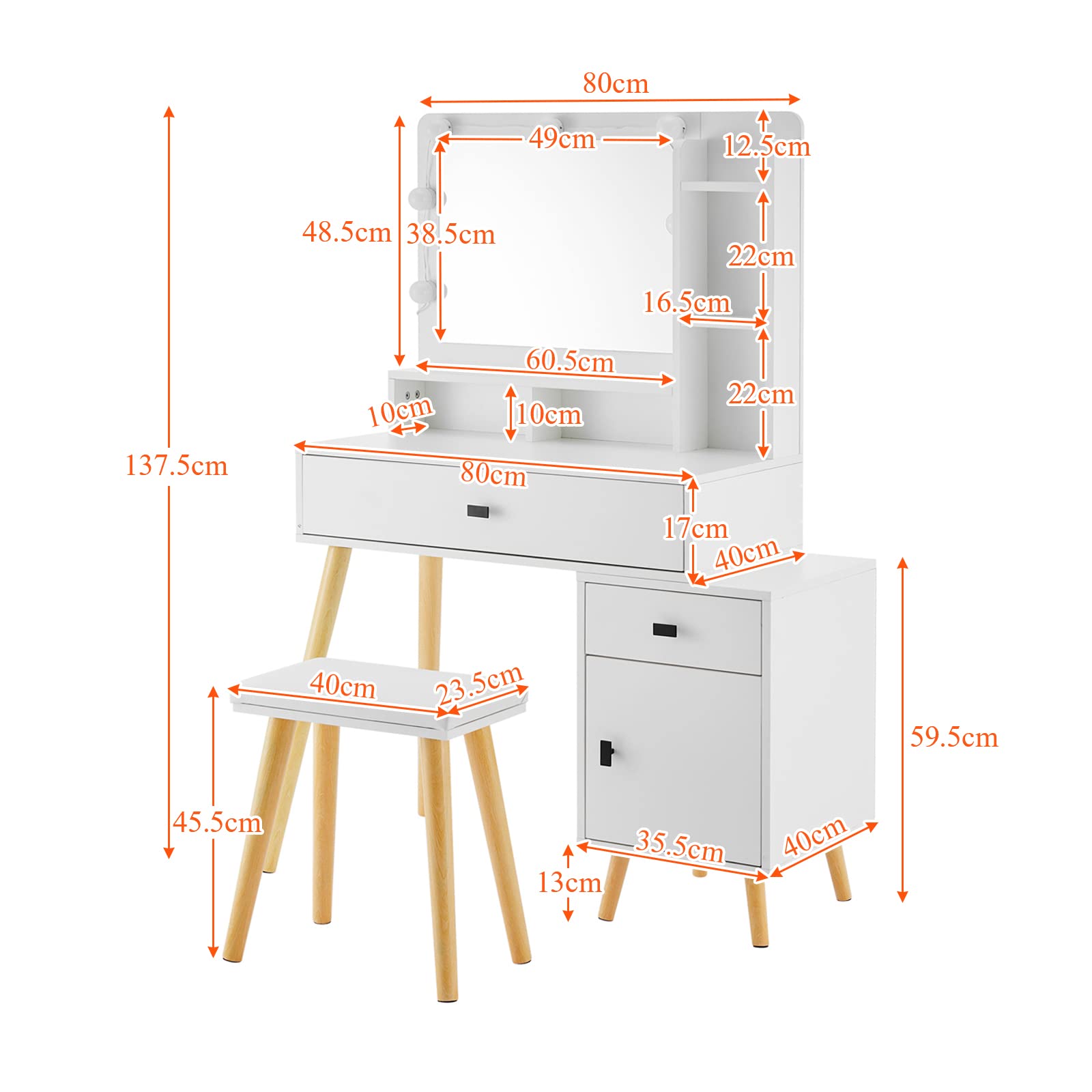 CLIPOP Schminktisch mit Hollywood LED Spiegel,Licht Verstellbare Helligkeit,Frisiertisch Gepolsterter Hocker Set Weiß,Kosmetiktisch aus Holz mit Schublade und Aufbewahrungsschrank