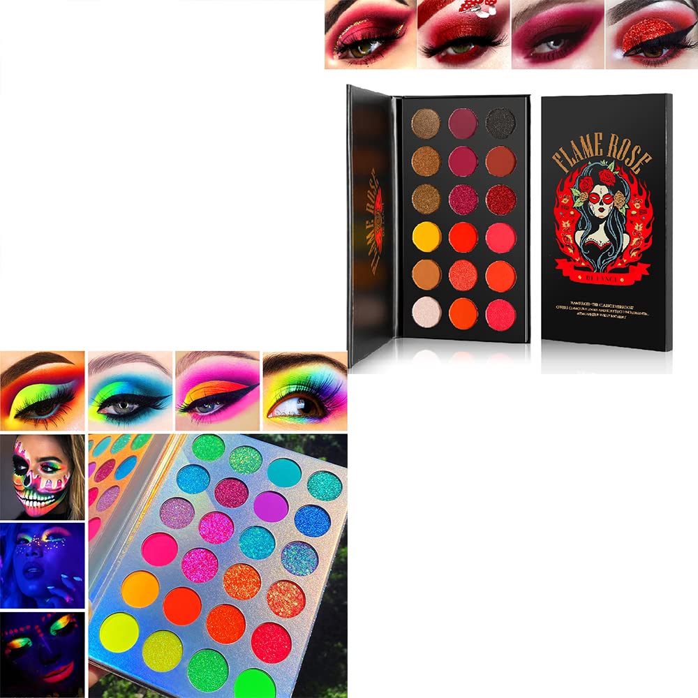 Afflano2 Pcs Makeup Palettes Eyeshadow Red Shade 18 Colors + Neon Glow In Dark Eye shadow Palette 24 Colors, Highly Pigmented True Red Eye Shadow Blending Neon Powder Velvet Texture Eye Shadow Kit