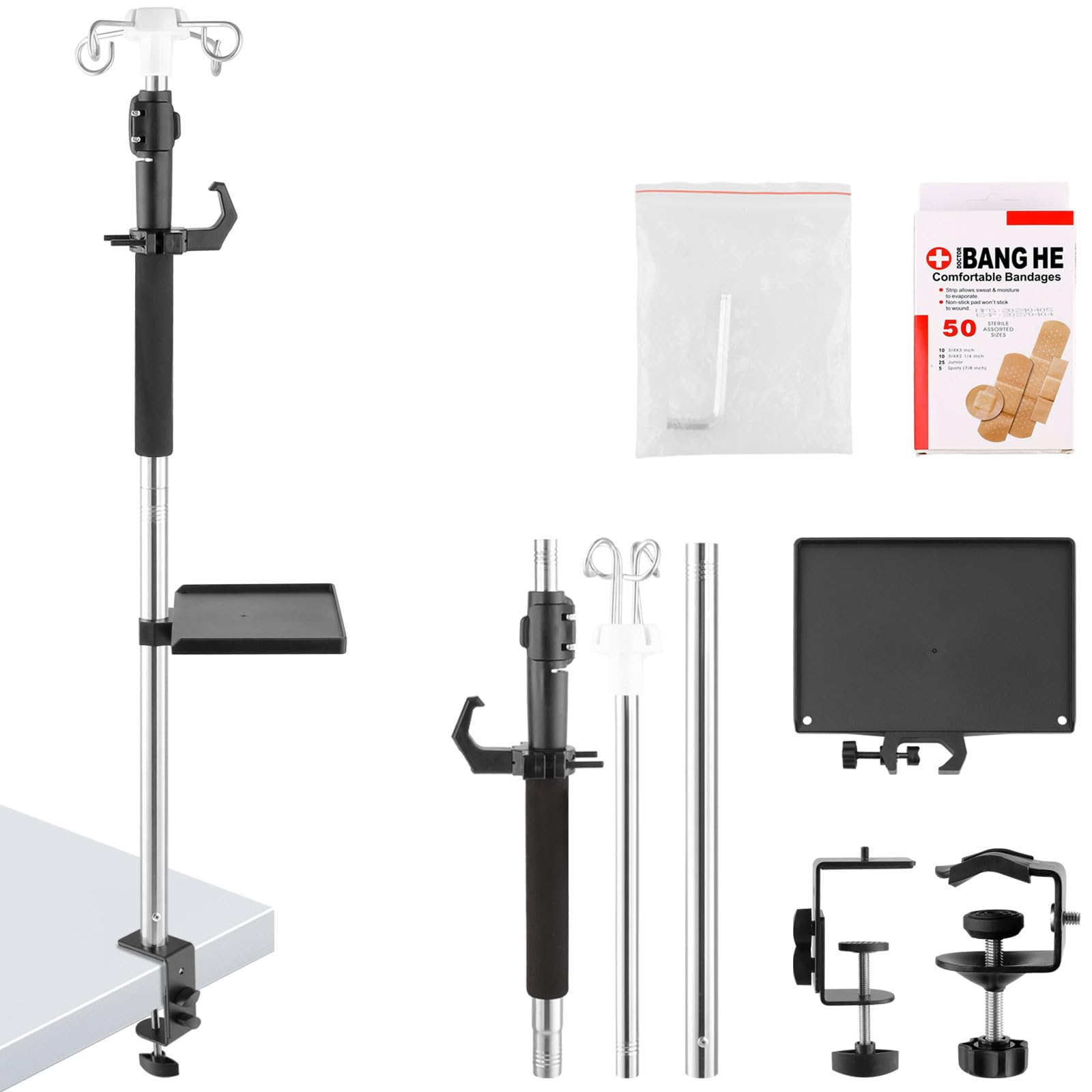 Crilealym Table IV Poles,32 to 56In Telescopic Desktop IV Stand with 4 IV Bag Holder Portable Frosted Pipe Extension Pole IV Influsion Pole with