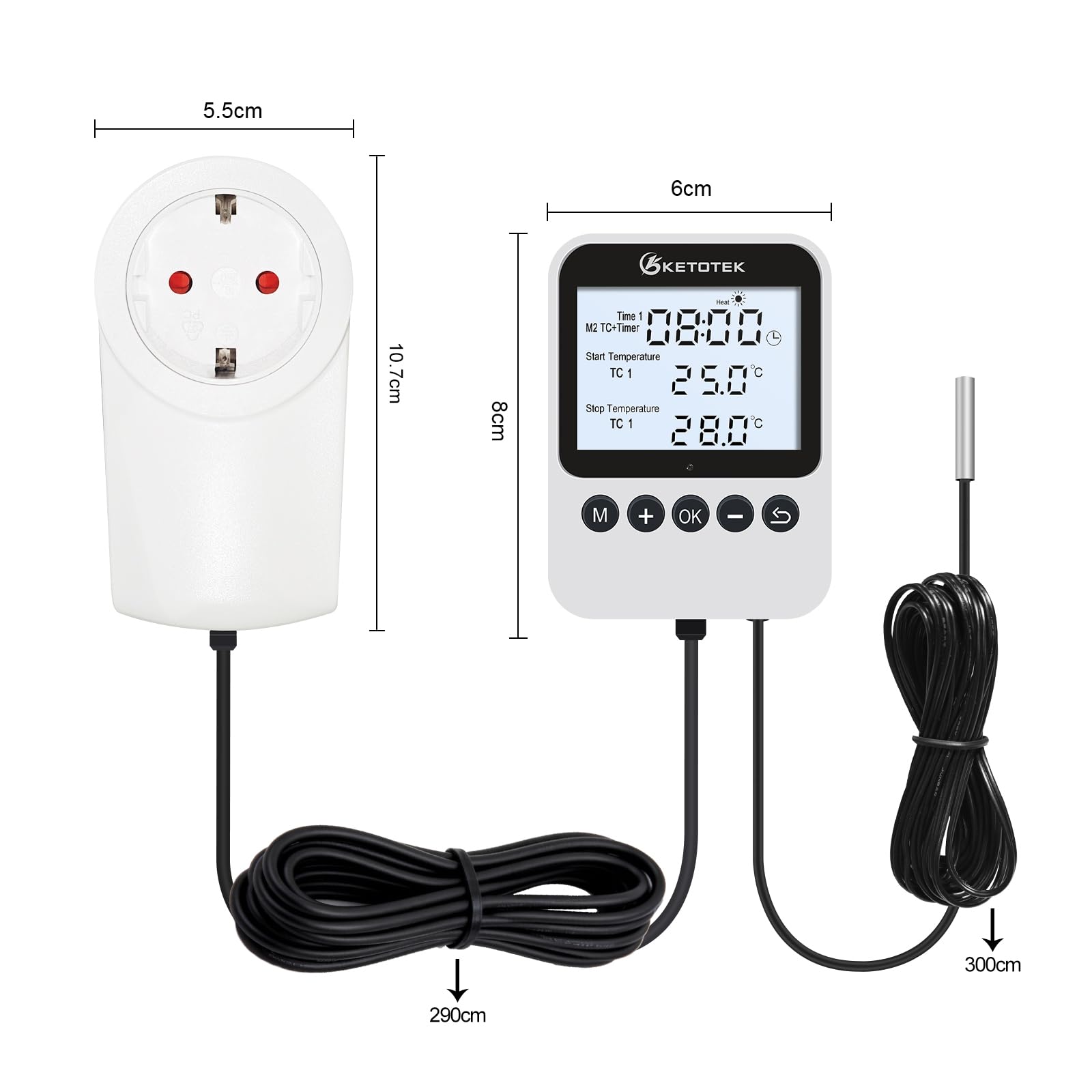 KETOTEK Enchufe con Termostato y Temporizador, Día y Noche Controlador de Temperatura Digital 220V para Terrario Reptiles e Incubadora, Sonda de 3m, Función de Calefacción y Enfriamiento