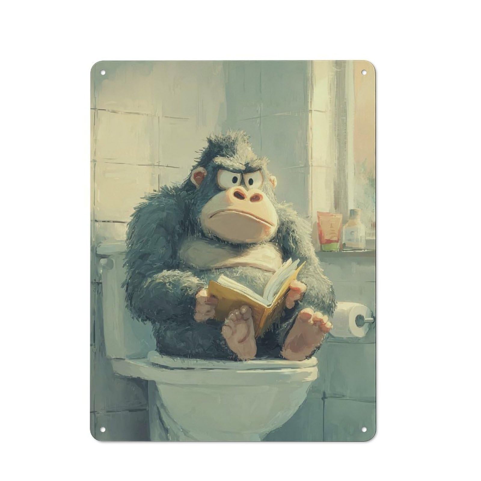 Junmoney Style-15 Gorilla Reading On Toilet Retro Tin Wall Plaque 40X30cm For Home Office Or Studio, For Cooler-Month Interiors With Retro Character