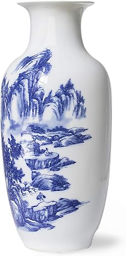 Miniatura 3 de Dahlia Jarrón azul y blanco, florero de porcelana china hecho a mano, montaña celestial, forma de rouleau de 14 pulgadas