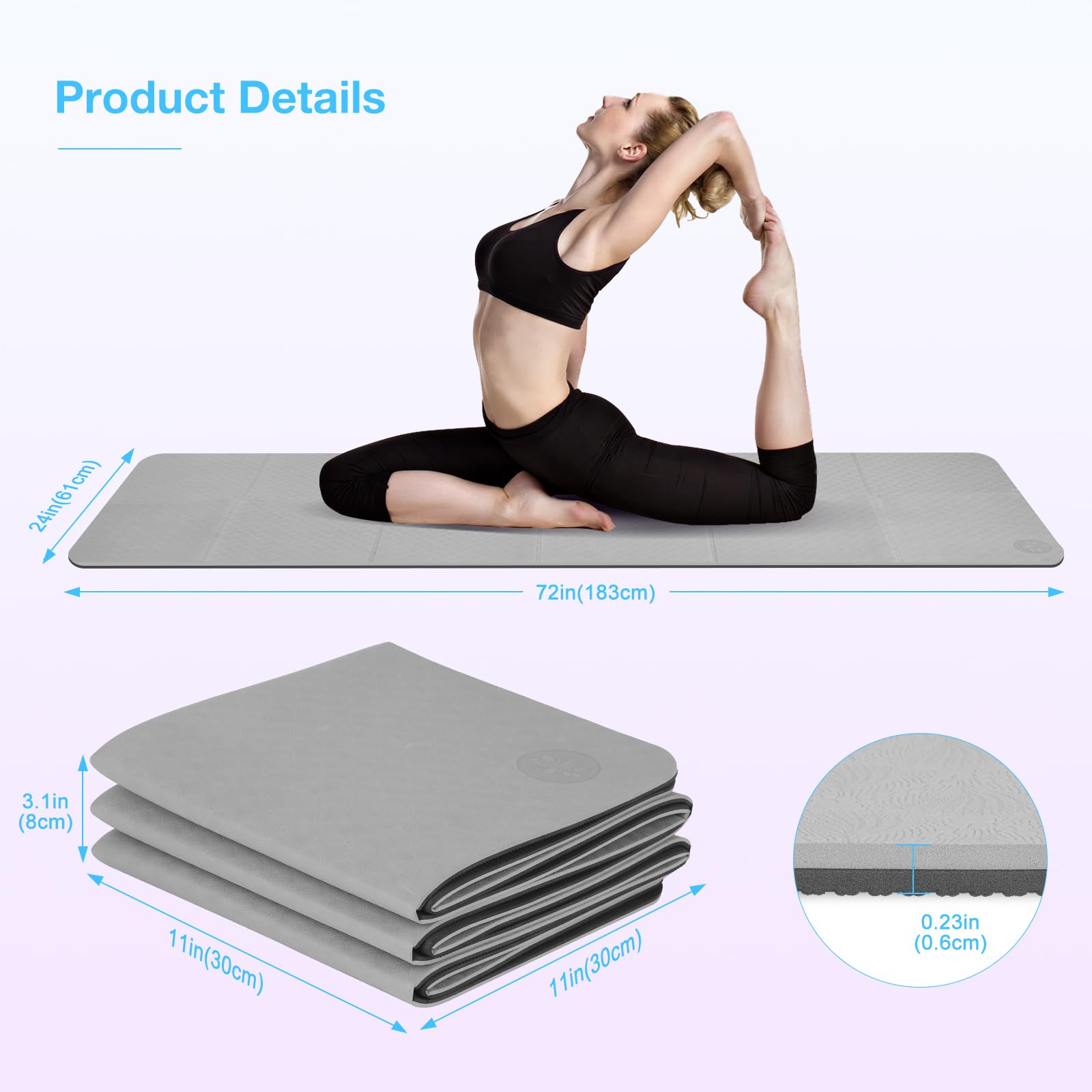 Foldable Travel Yoga Mat, 6mm TPE Pilates Mat & Yoga Mats, for Women Packable Lightweight Exercise Mat, Non Slip Folding Exercise Mat for Home Workout 72