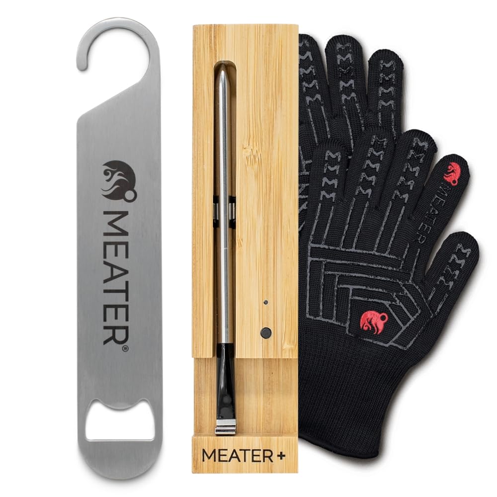 MEATER Plus Bundle: Smart Digital Wireless Meat Thermometer with Heat-Resistant BBQ Mitts & Bar Blade Opener | Bluetooth Range for Grilling, Smoking, Roasting, Baking, and BBQ