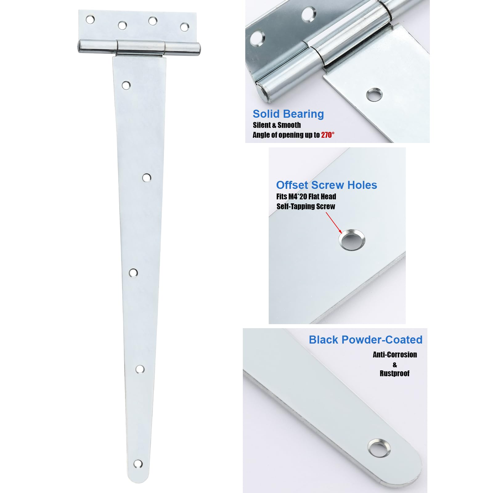 Heavy Duty T-Hinges 16 Inch (400mm) Tee Hinge for Wooden Door Gate Silvery, 3 Pack, Matching Screws Included - Image 4