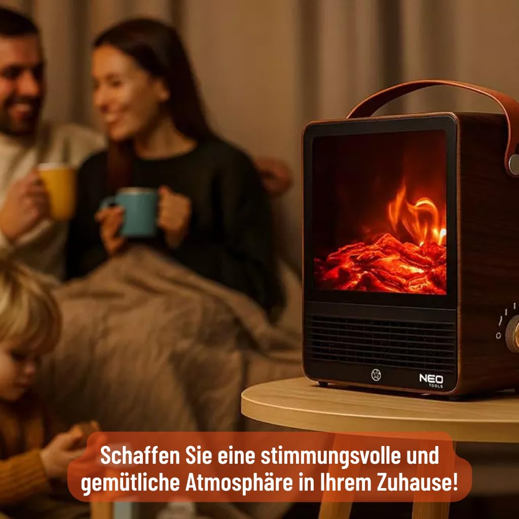 NEO TOOLS Caminetto elettrico, 1500 W, riscaldamento indipendente | Con effetto fiamma realistico, 2 livelli di calore e protezione da surriscaldamento, ideale per ambienti accoglienti