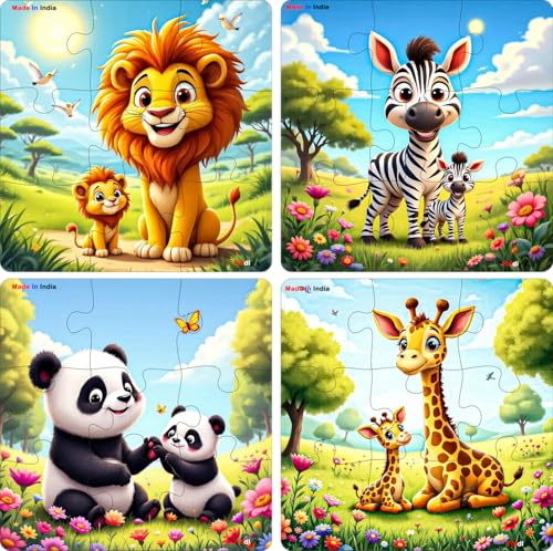 Image of Fiddlys Single Layered Wooden Jigsaw Puzzle Games for Children & Kids -9 Pieces Age 2 3 4 5 6 Year Old Years Old Girls & Boys Animals Jigsaw Puzzle (Pack of 4 Wild Animal)