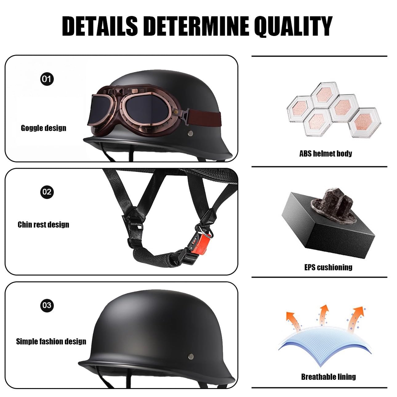 Vintage Deutsche Motorrad Halbhelme Jethelm, Halbschalenhelm mit ECE, Retro Motorradhelm mit Schutzbrille Roller Fahrrad Cruiser Chopper Moped Scooter Helm für Damen Herren 57~66CM