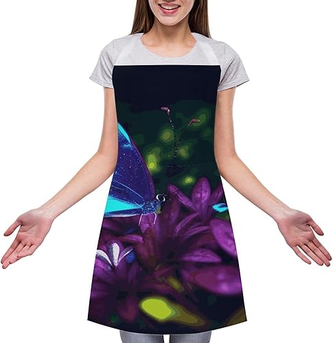 Miniatura 3 de MUSM Blue Purple Flower Butterfly ApronClassic Vintage Funny with Pockets Aprons,Adjustable Bib Waterdrop Resistant for Kitchen Cooking Restaurant