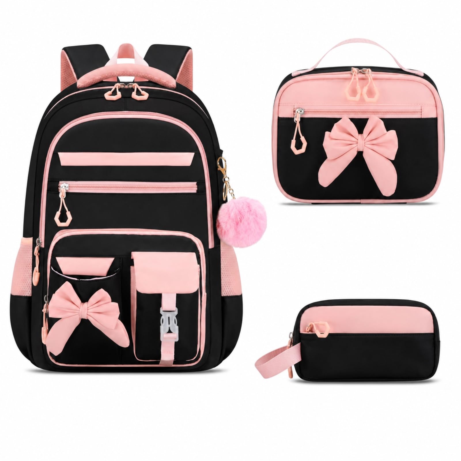 Zaino da Viaggio Crema Rosa Arco 3-in-1 Set per Ragazze Resistente all'Acqua Scuola con Borsa Pranzo E Custodia A Matita