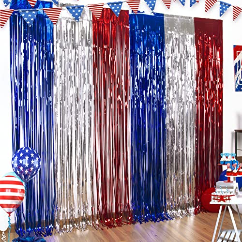 LOLStar 4th of July Decorations, 3Pack Red White and Blue Decorations Streamers Patriotic Foil Fringe Curtains Photobooth Props Party Backdrop for USA Themed Olympics Election Veterans Day Decor