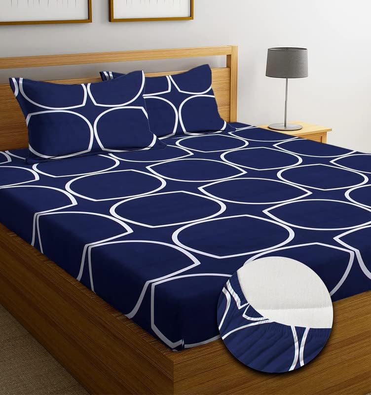 DECOMIZER Cotton Feel All Around Elastic Fitted Glace Printed King Size Double Bed Bedsheet with 2 Large Pillow Covers Fits Upto Mattress of 8 Inches,Size - 72 x 78 x 10 Inches, Navy Oval,300TC