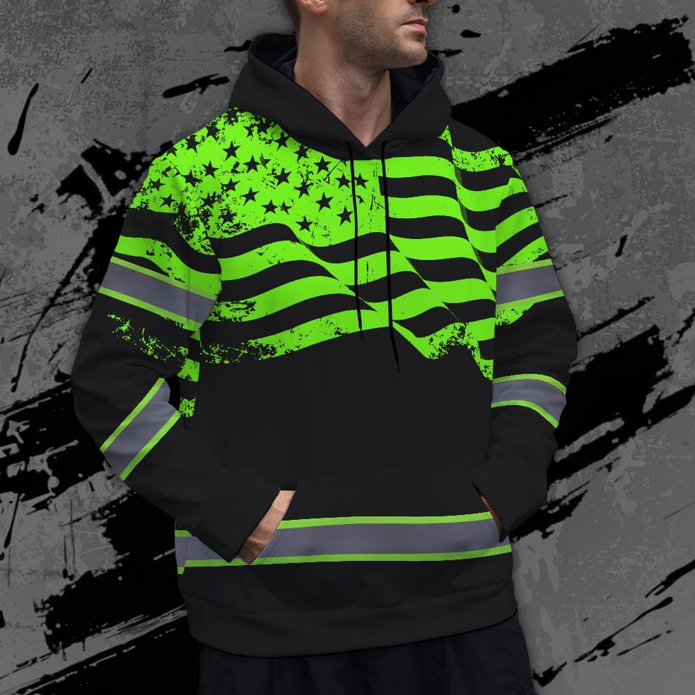 High Visibility Hoodie for Men, Class 3 Long Sleeve Reflective Safety Hoodie for Trucker, Worker, Runner