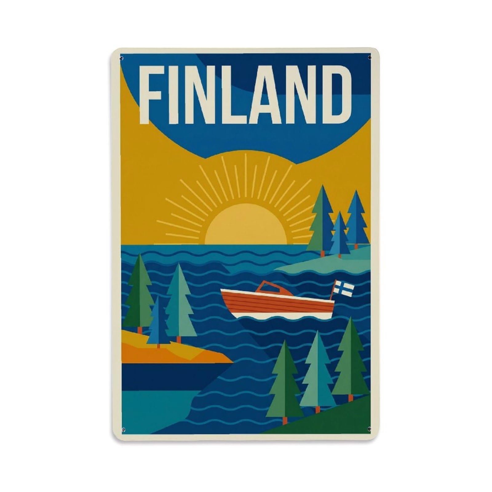 Olhnbad Style Finland Midnight Sun Boat Lake Travel Vintage Metal Tin Sign