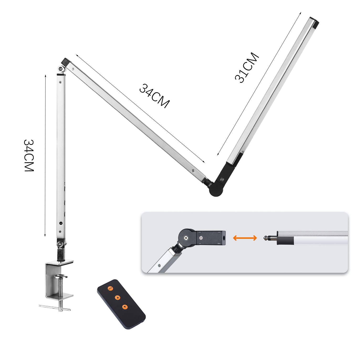 ACMHNC 9W LED Klemmleuchte Dimmbar Mit Fernbedienung, Leselampe Klemme,3 Farbtemperatur Touch Schreibtischlampe Klemmbar Langer Arm Tischlampe Faltbar Drehbar Klemmlampe Für Buch Bett Büro,Silber