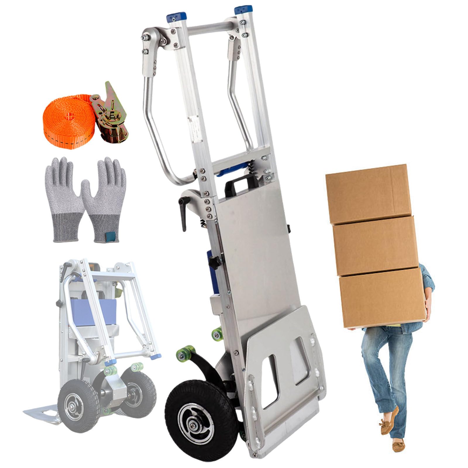 Carretilla Eléctrica Plegable para Subir Escaleras, Carga Máxima De 200 KG, Carrito Motorizado para Subir Escaleras, Batería Extraíble De 48 V, con Cuerda De Amarre De 4 m