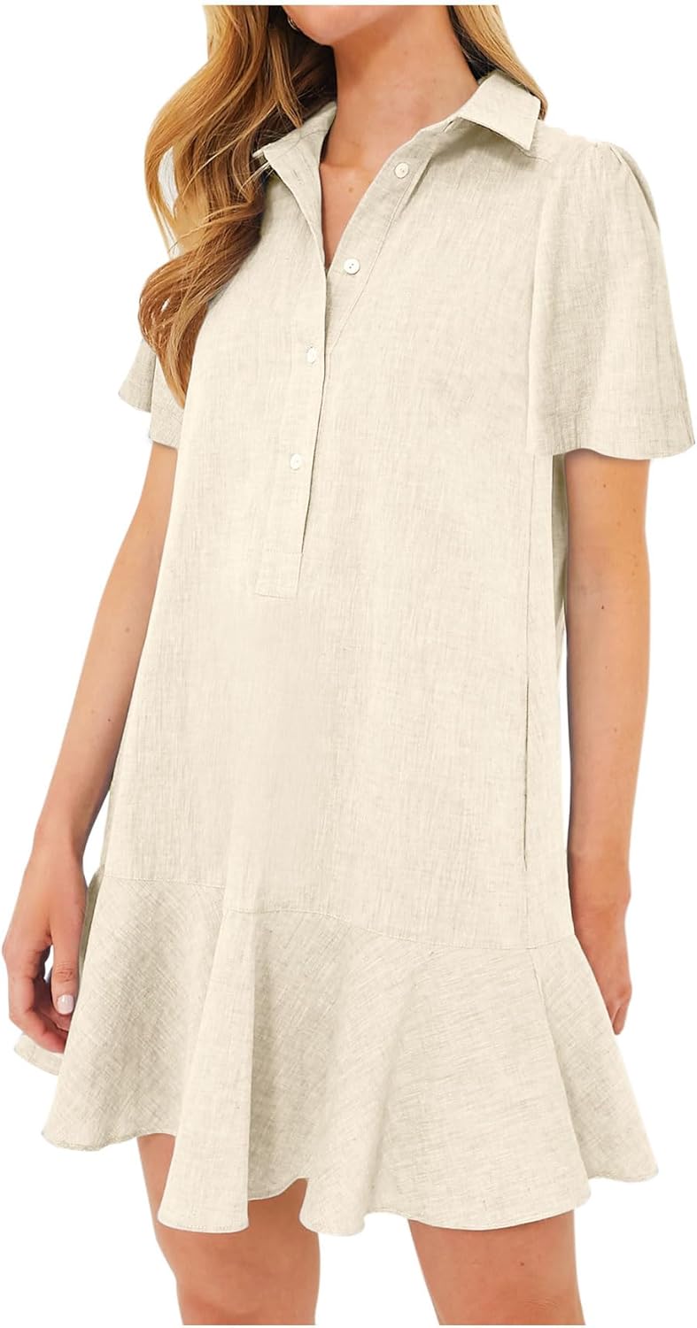 Women's Button Down Shirt Dress Summer Casual Short Sleeve Cotton Linen Ruffle Shift Mini Dresses